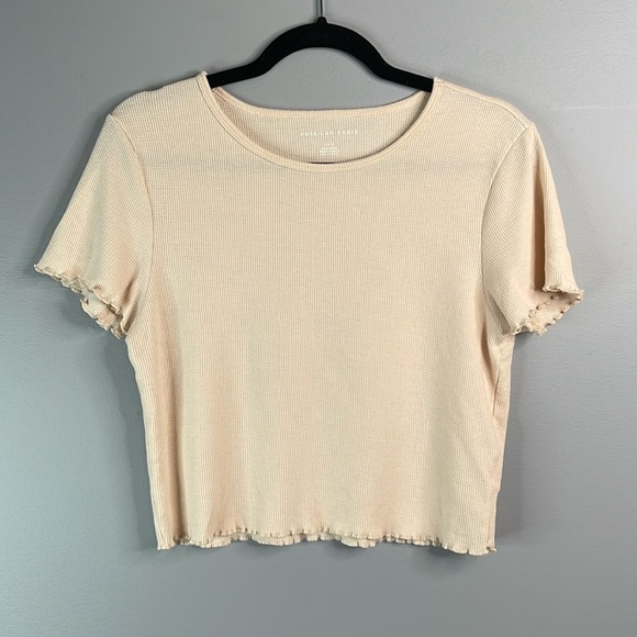 AMERICAN EAGLE Waffle Knit T-Shirt Nude Lettuce Hem Short Sleeves Crewneck L - Picture 11 of 11